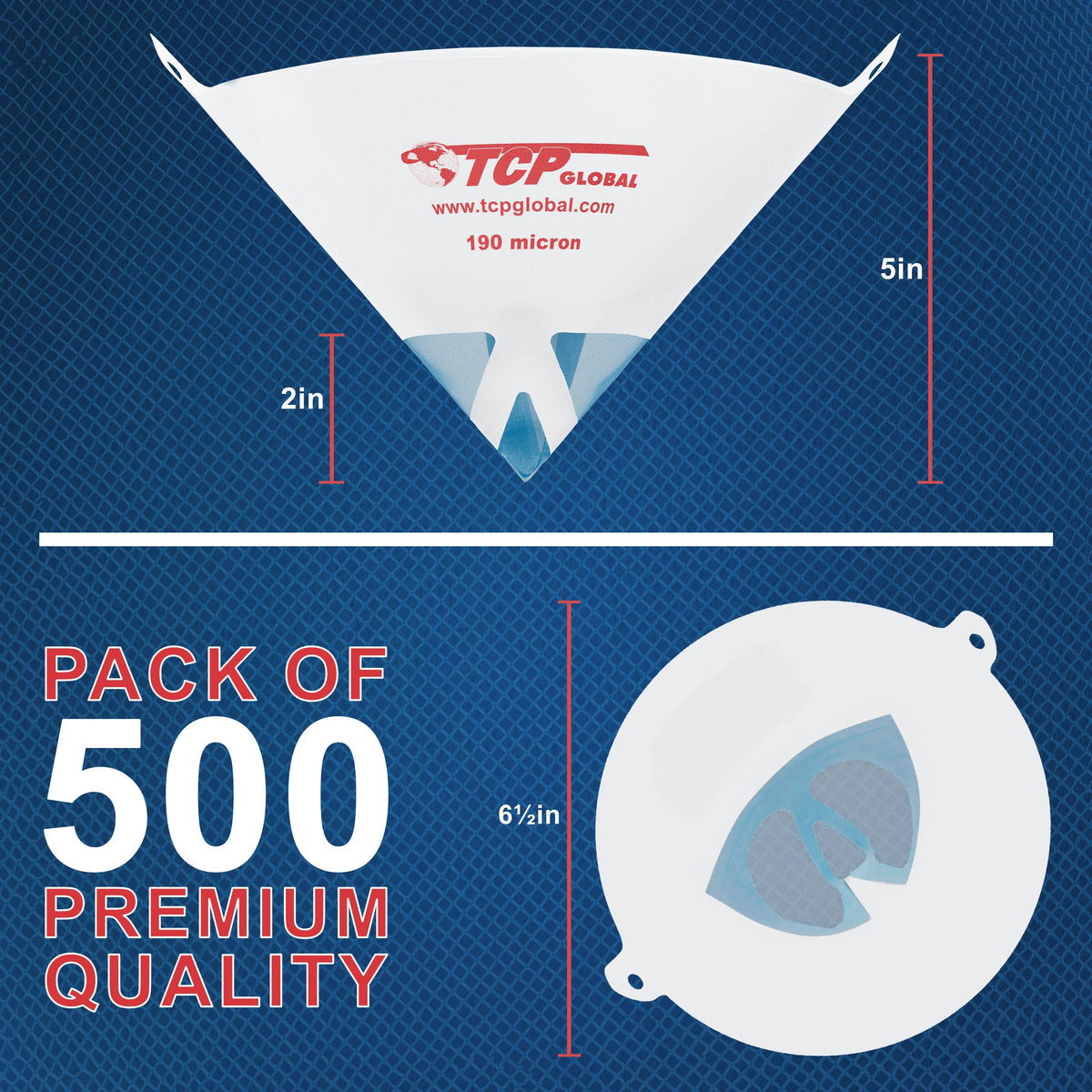 500 Pack of Paint Strainers with Fine 190 Micron Filter Tips - Premium "PURE BLUE" Ultra-Flow Blue Nylon Mesh