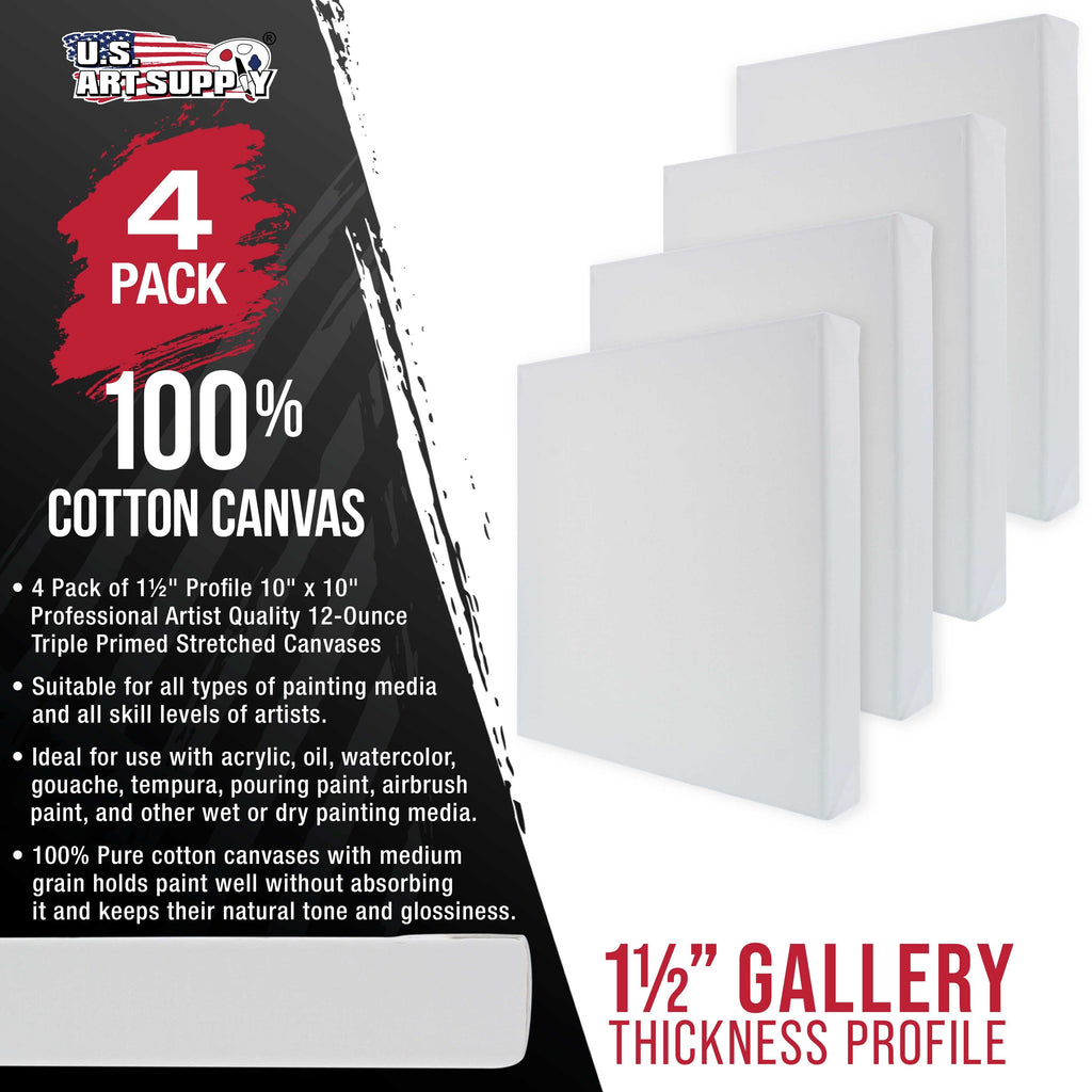 Square Stretched Canvas for Painting 10x10 inch Gallery Depth 1-1/2" Thick, 4-Pack - 12oz Acrylic Gesso Triple Primed, Professional Artist Quality, 100% Cotton - Pouring, Oil Paint
