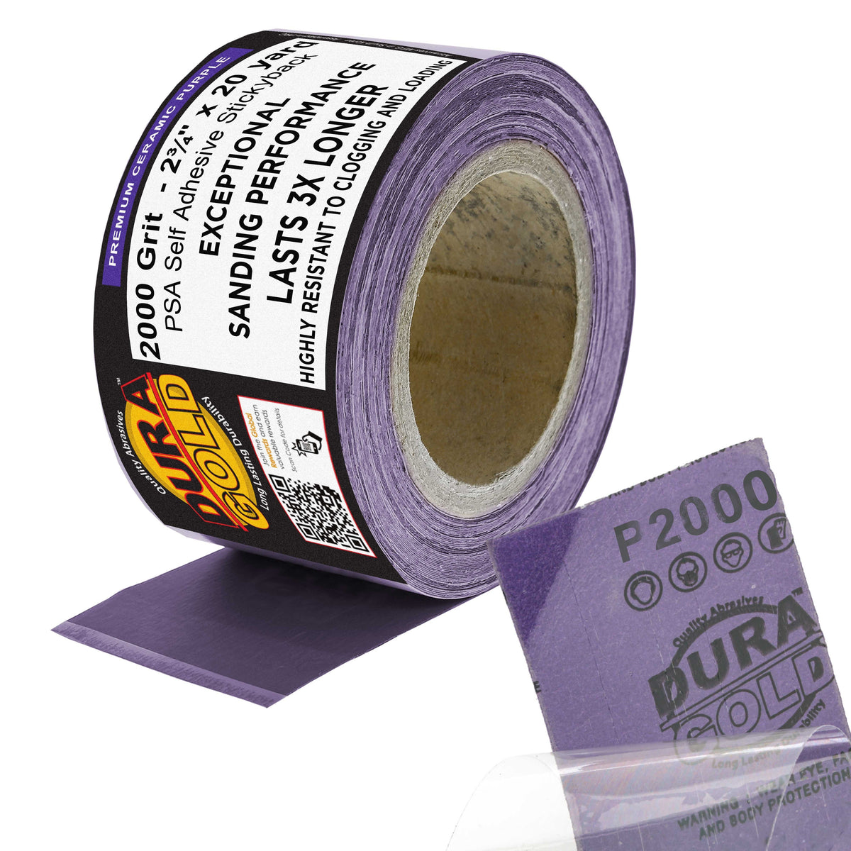 Premium 2000 Grit PSA Purple Film Ceramic Longboard Sandpaper, 2-3/4" Wide Continuous 20 Yard Roll - Self Adhesive Stickyback for Auto & Wood Air File Long Board Sanders, Hand Sanding Blocks