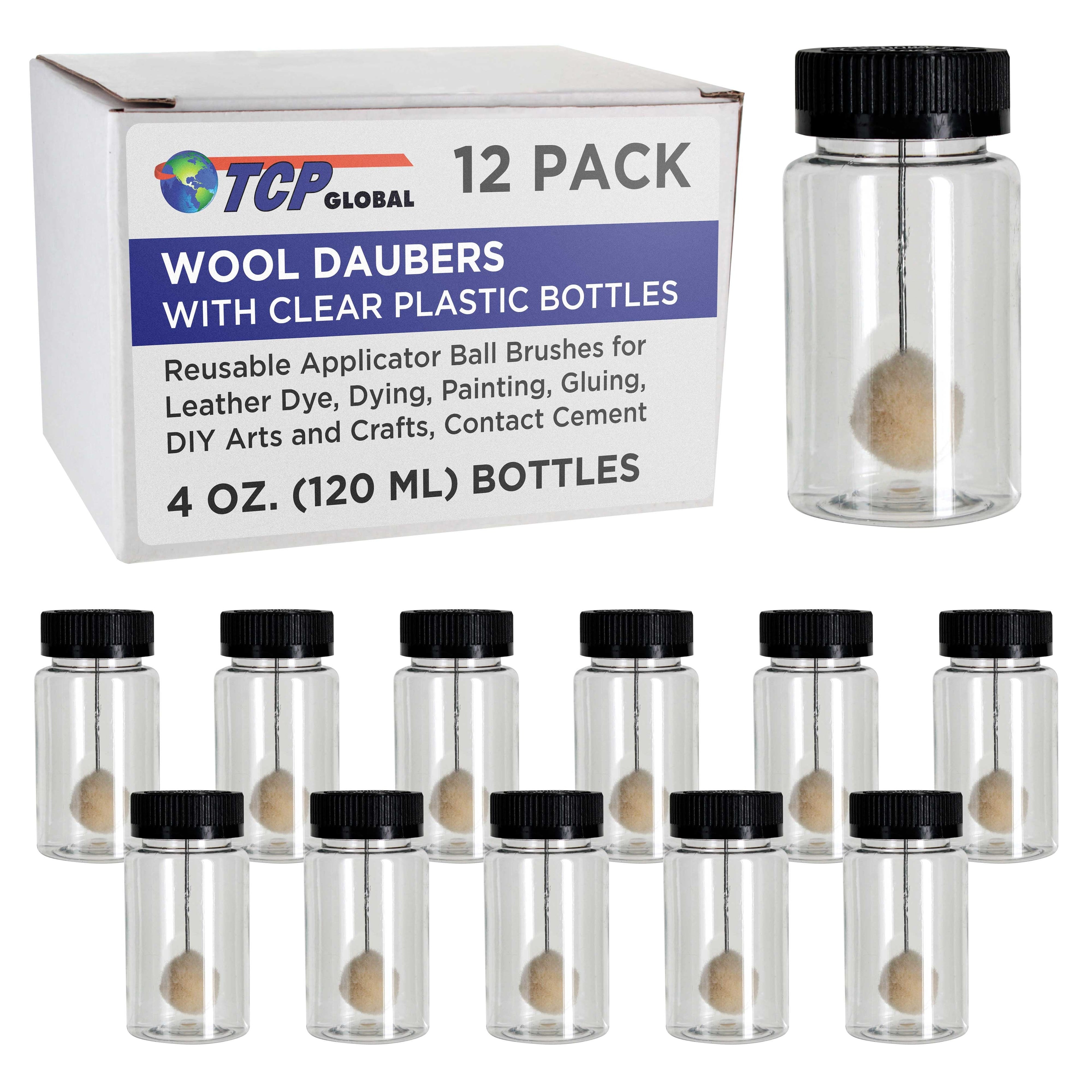 12-Pack Wool Daubers with Clear Plastic Bottles, 4 oz. (120 ml) - Safety Lids, Applicator Ball Brushes for Leather Dye, Dyeing, Painting, Gluing, DIY