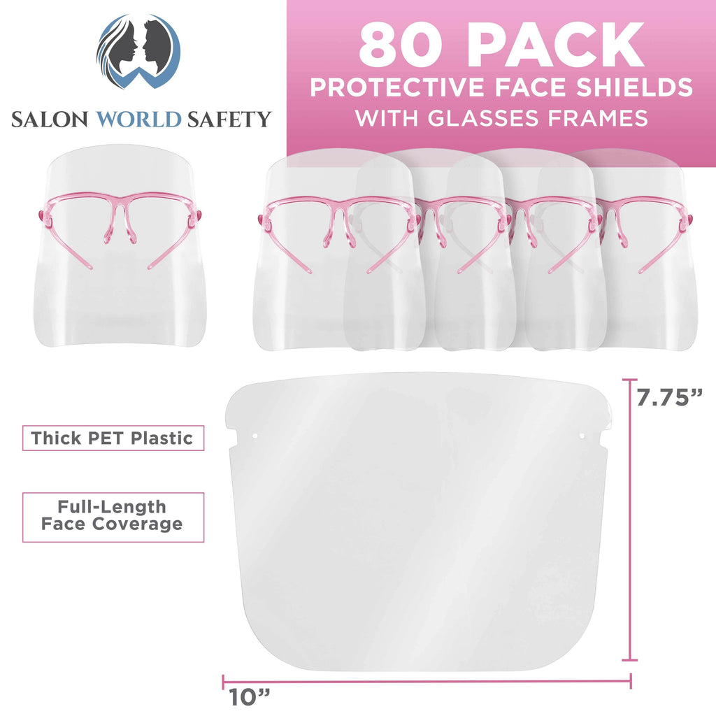 Face Shields with Pink Glasses Frames (20 Packs of 4) - Ultra Clear Protective Full Face Shields to Protect Eyes, Nose, Mouth - Anti-Fog PET Plastic