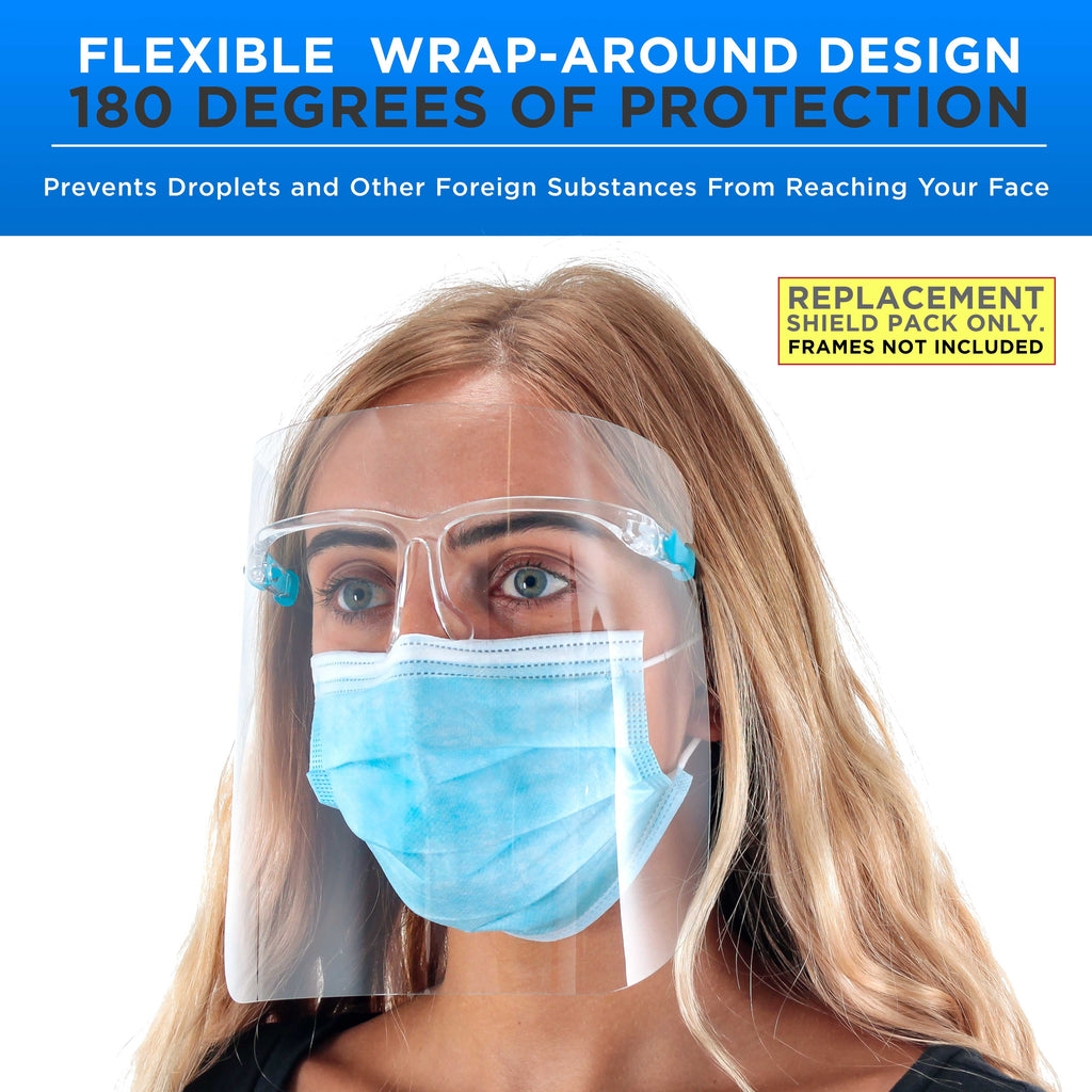 Replacement Face Shields Only (10 Packs of 10), Glasses Frames Not Included, Ultra Clear, Protect Eyes Mouth, Anti-Fog PET Plastic