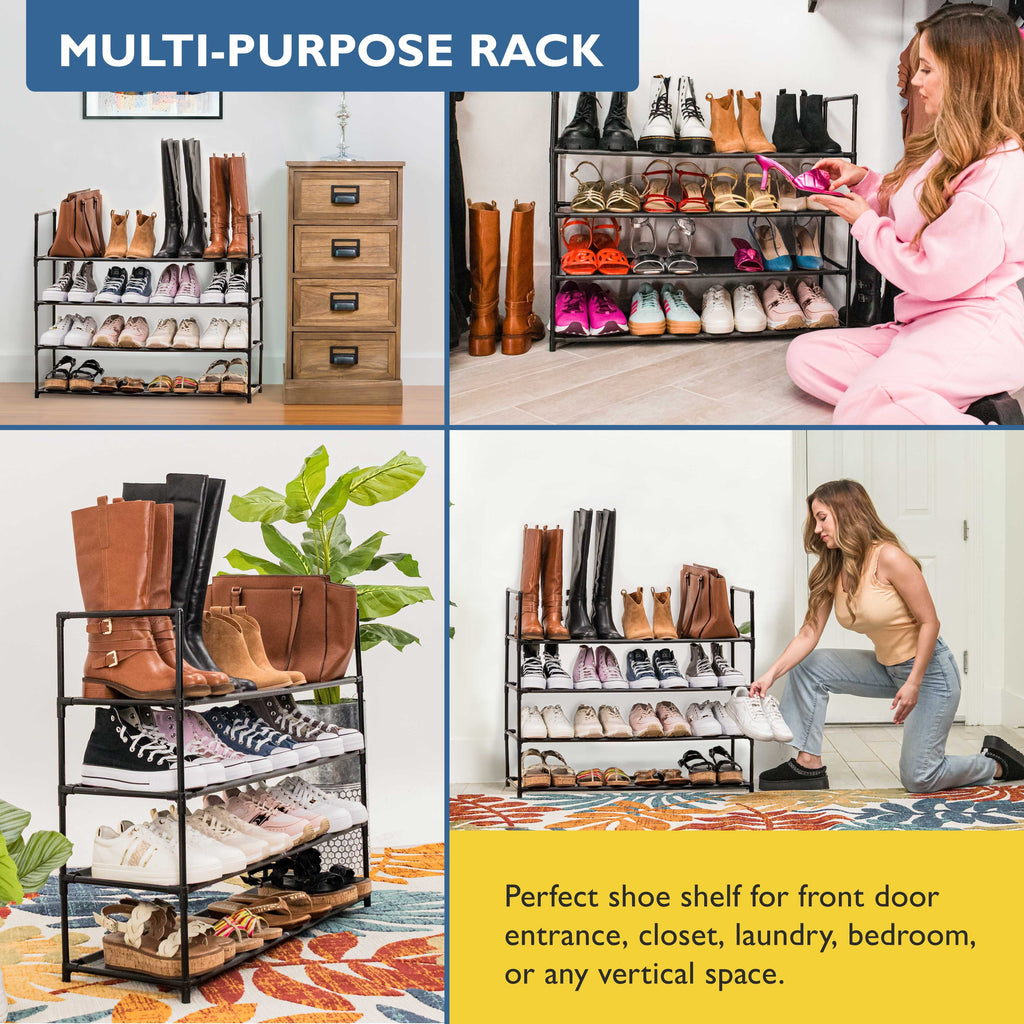 4 Tier Shoe Organizer, Sturdy Long Shoe Rack for Closet, Bedroom, Entryway, Garage, Non Woven Fabric Shelf, Black, Holds Up to 20 Pairs