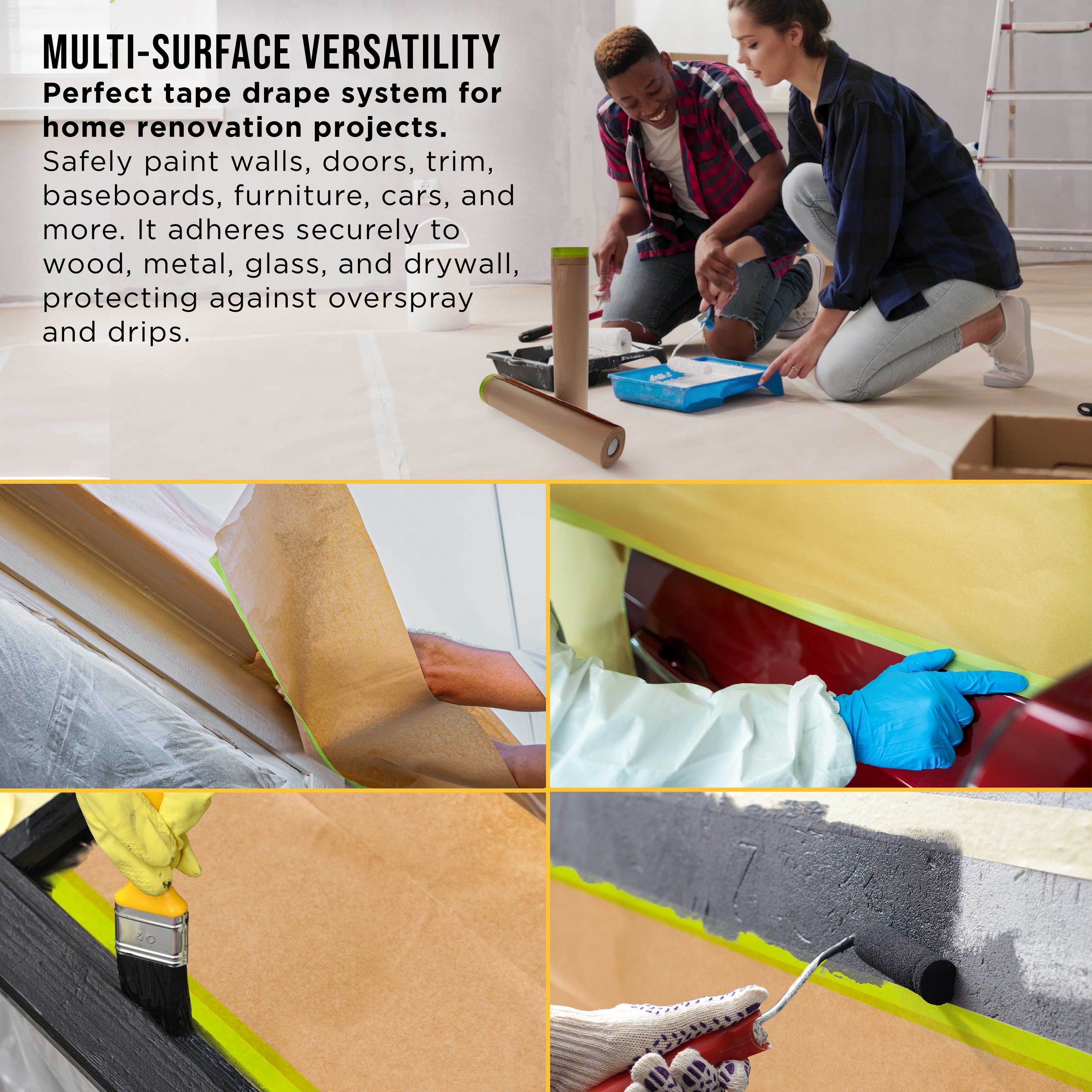 Pre-Taped Masking Paper for Painting (24" x 50', 2 Rolls) - Tape and Drape Painters Paper, Protective Covering, Overspray Barrier