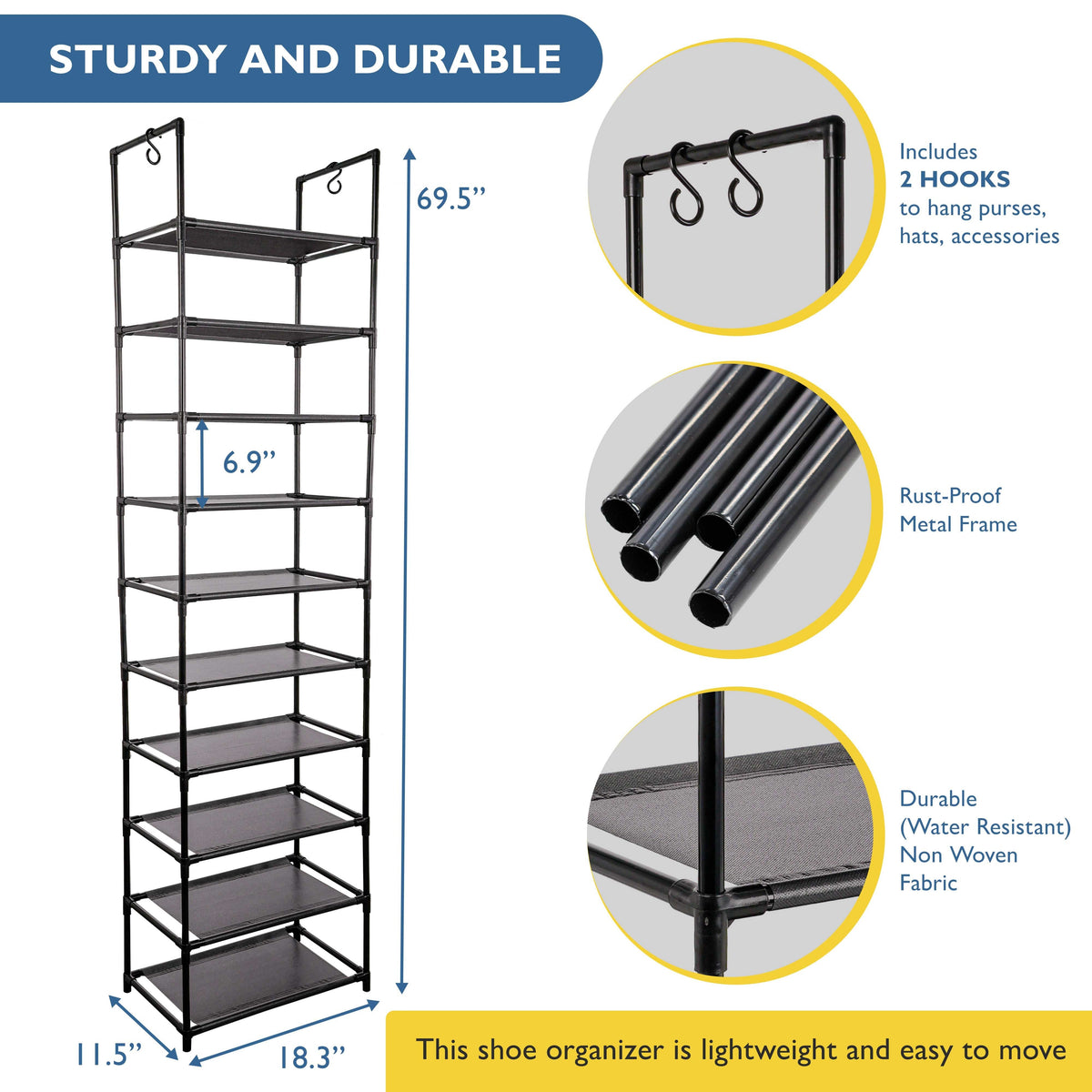 10 Tier Tall Shoe Organizer, Sturdy Stackable Shoe Rack for Closet, Bedroom, Entryway, Garage, Non Woven Fabric Shelf, Black, Holds 20-30 Pairs