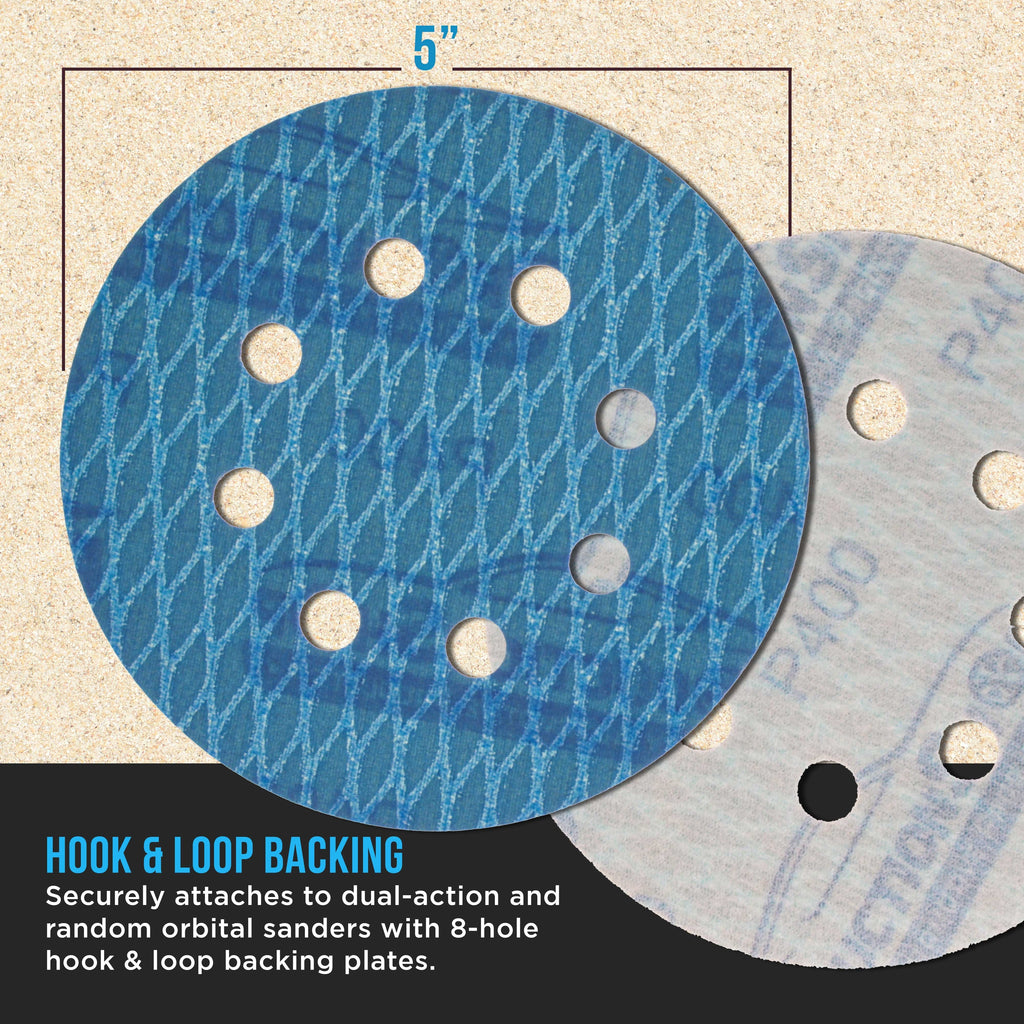 Premium 400 Grit 5" Rhombus Diamond Shape Blue Sanding Discs, 8-Hole, Box of 50 - Hook & Loop Anti-Clogging J-Cloth Dustless Sandpaper for Random Orbital Sanders