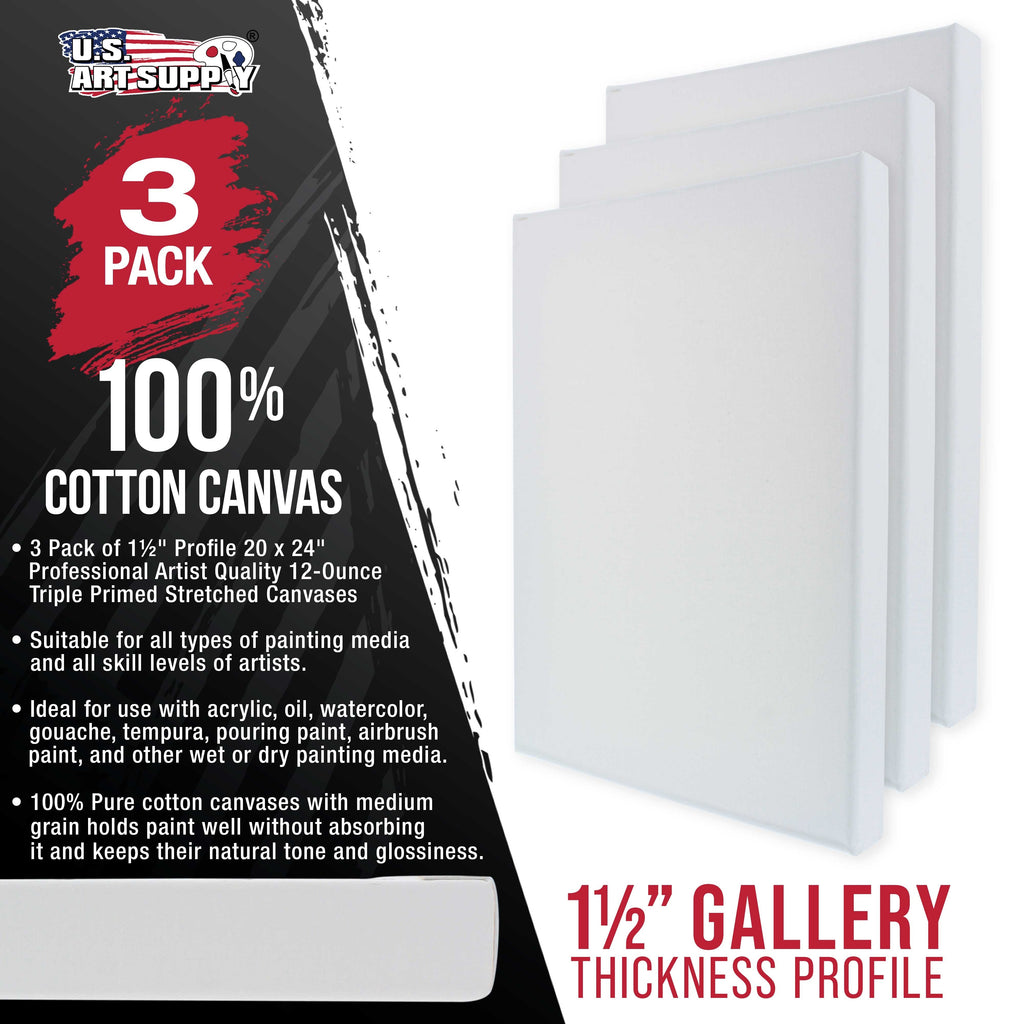 Large Stretched Canvas for Painting 20x24 inch Gallery Depth 1-1/2" Thick, 3-Pack - 12oz Acrylic Gesso Triple Primed, Professional Artist Quality, 100% Cotton - Oil, Pouring Paint