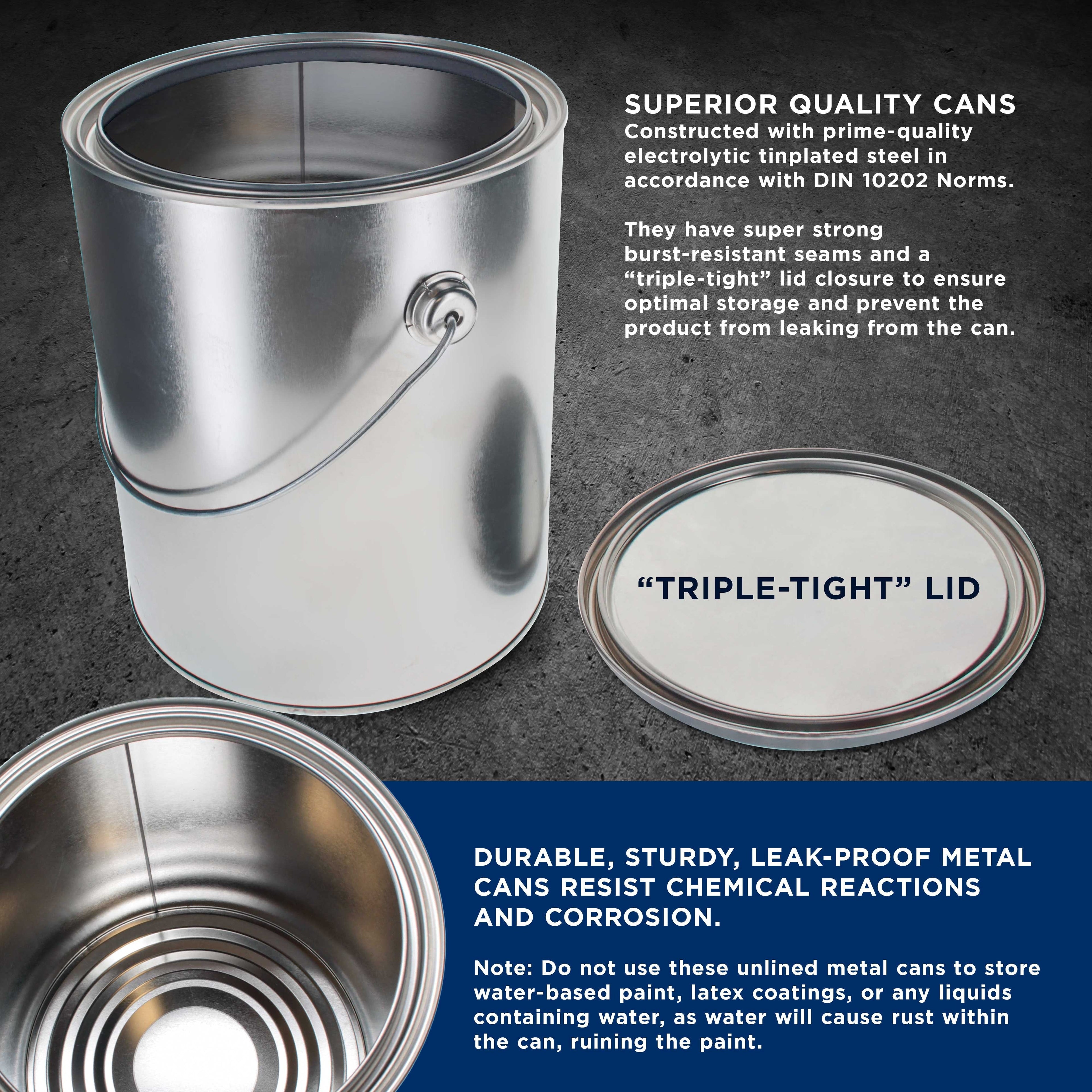 1 Gallon Unlined Empty Metal Paint Can Bucket with Lid, Bail Handle - Triple Tight Seal, 128 fl. oz. Steel Coating Storage Container Tin