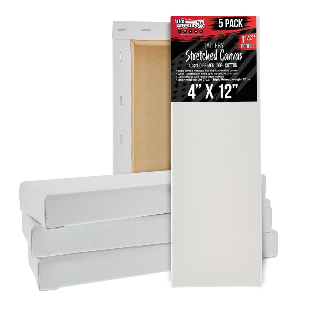 5-Pack Bulk White Stretched Canvas for Painting 4" x 12" Gallery Depth 1-1/2" Profile - Professional Artist Quality, 100% Cotton 12-Ounce Gesso Triple Primed for Acrylic Pouring, Oil