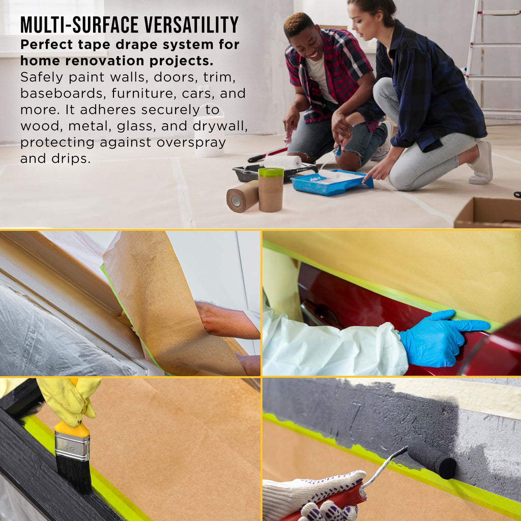Pre-Taped Masking Paper for Painting (6" x 50', 2 Rolls) - Tape and Drape Painters Paper, Protective Covering, Overspray Barrier