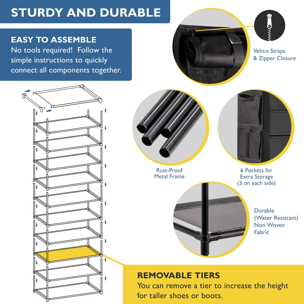 10 Tier Shoe Organizer, Sturdy Tall Shoe Rack for Closet, Bedroom, Garage, Non Woven Fabric Shelf, Black, Holds Up to 50 Pairs