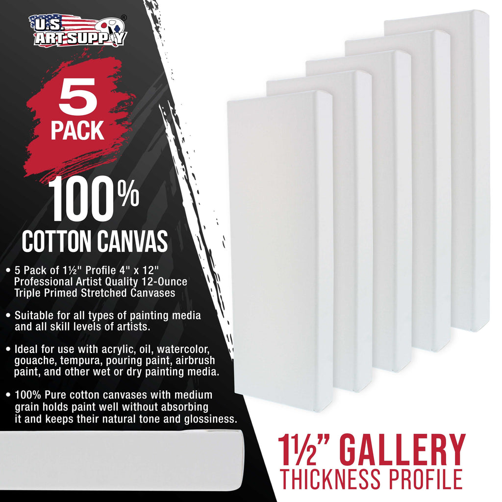 5-Pack Bulk White Stretched Canvas for Painting 4" x 12" Gallery Depth 1-1/2" Profile - Professional Artist Quality, 100% Cotton 12-Ounce Gesso Triple Primed for Acrylic Pouring, Oil