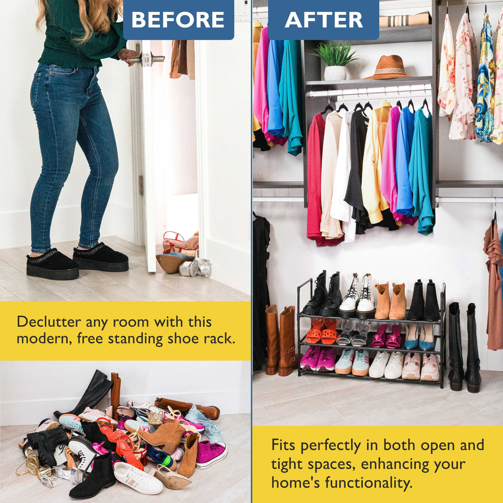3 Tier Shoe Organizer, Sturdy Long Shoe Rack for Closet, Bedroom, Entryway, Garage, Non Woven Fabric Shelf, Black, Holds Up to 15 Pairs